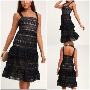 NWT Lulu's Navy Lace Ruffle Midi Dress